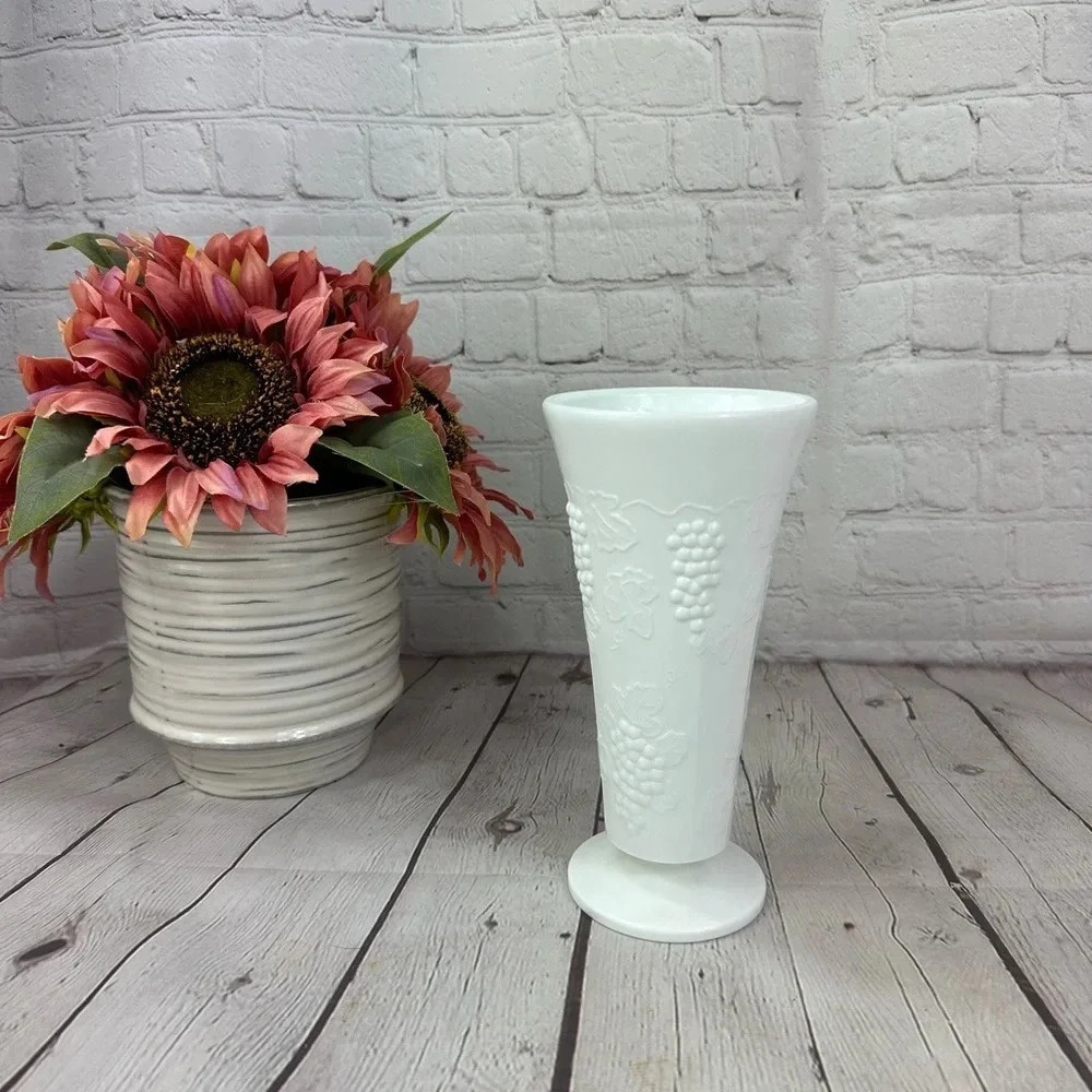 milk glass vase with grapes